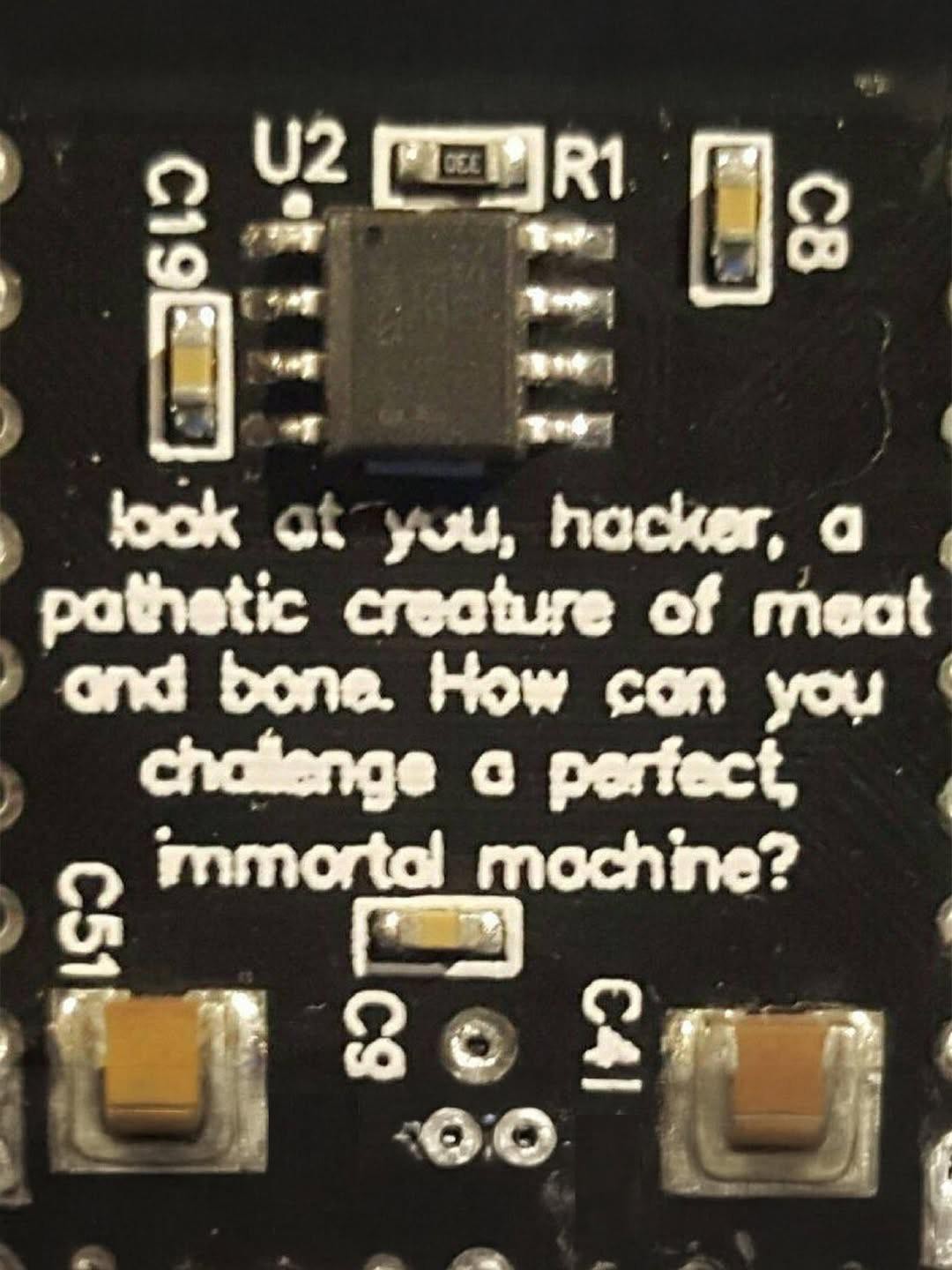 look at you, hacker, a pathetic creature of meat and bone. How can you challenge a perfect, immortal machine?